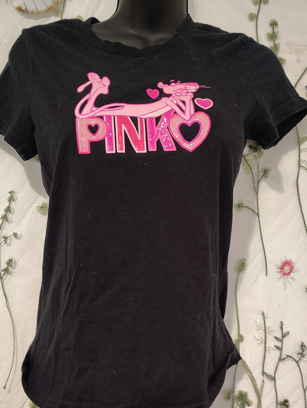 Pink Panther "I Love Pink" Graphic Tee Black Short Sleeve Y2K Juniors Size L